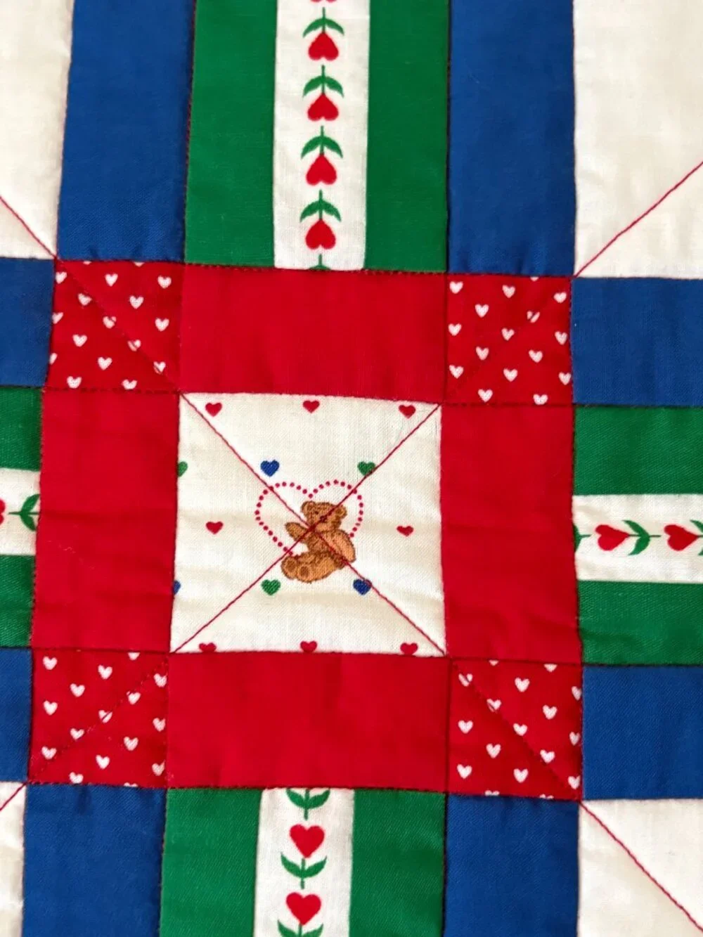 Handmade Quilted Throw Teddy Bear Heart Valentine Squares Cornerstones Nursery